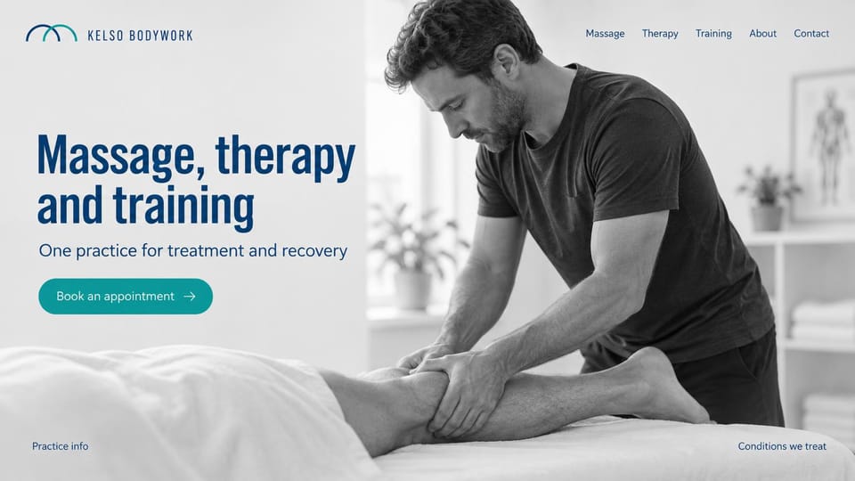 Massage therapist website design, massage and training in black and white: black and white photo of a therapist working on a client's calf, a condensed navy headline and a teal button