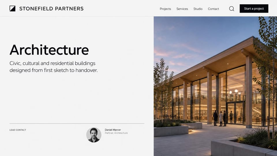Architecture website design, civic and residential with a partner to contact: light gray left panel with a large black sans heading and a partner's small portrait, a timber and glass library at dusk filling the right half