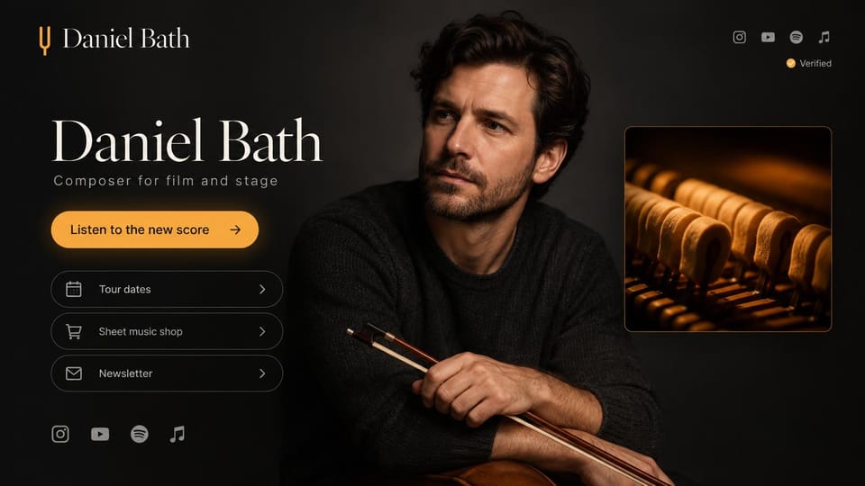 Musician website design, composer with links beside the portrait: charcoal, a composer holding a violin bow, an orange listen button and outlined link rows