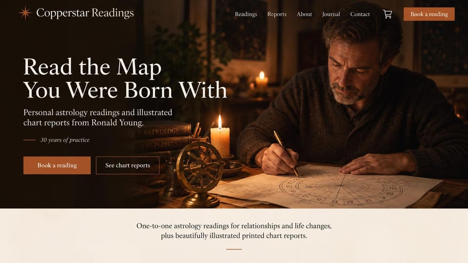 Astrology website design, astrology readings with printed chart reports: dark brown, an astrologer drawing a birth chart by candlelight among old books and a brass armillary, copper buttons