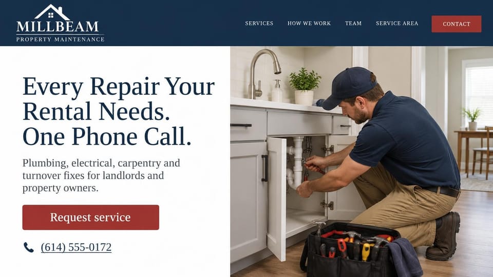 Handyman website design, rental maintenance with one phone number: navy header with a house logo and red contact button, a white panel with a large navy serif headline, red request button and phone link, a technician fixing pipes under a kitchen sink
