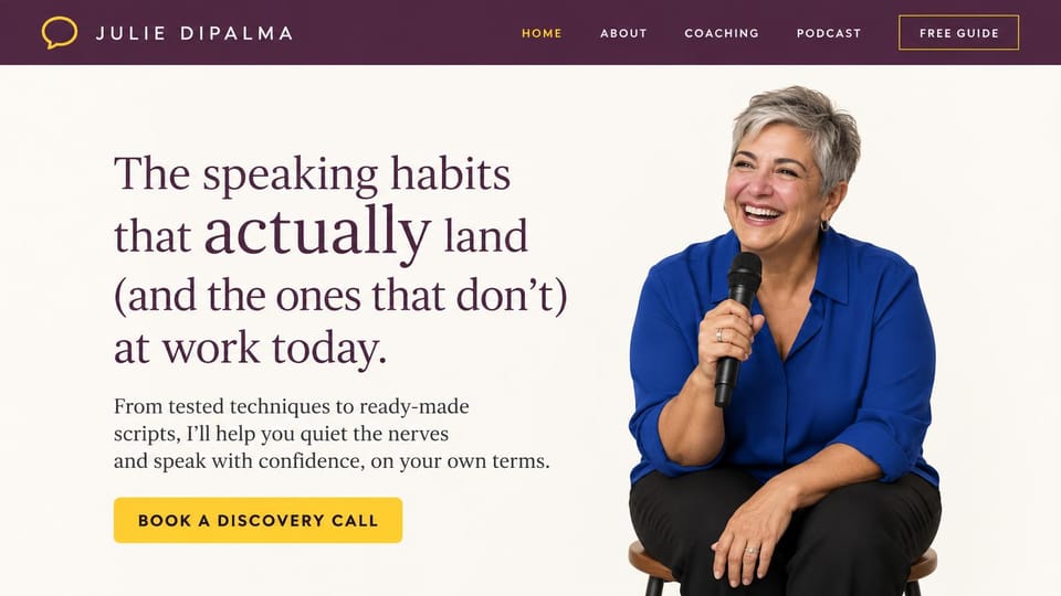 Coaching website design, public speaking coach holding the mic: cream page with a plum header, a serif headline with one bold word and a coach in blue holding a mic