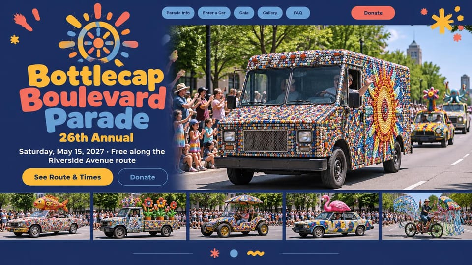 Event website design, art car parade with a strip of decorated cars: navy page, chunky yellow, coral and blue headline with a sun logo, yellow route button, a van covered in bottle caps, strip of five decorated cars