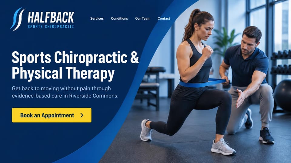 Chiropractor website design, sports chiropractic and physical therapy in blue: dark navy page with a blue curve, a bold white headline and a yellow button beside a gym photo of a woman lunging with a resistance band