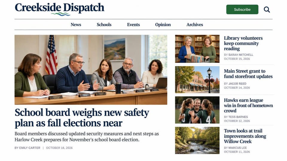 News and magazine website design, small-town paper with a centered menu: white page, navy serif masthead with a green wave, a green subscribe button, a centered menu between rules, a school board at a meeting table, four bylined stories with thumbnails