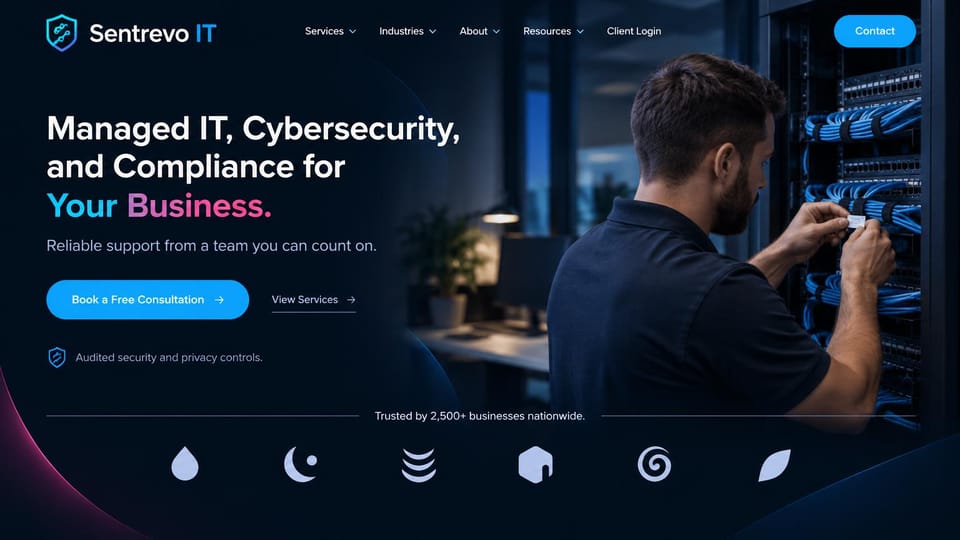 IT company website design, managed IT and compliance with a client symbol row: dark navy page with a magenta glow, white and blue headline, blue consultation button, a technician labeling cables at a rack, a row of six white symbols