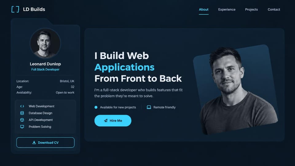 Resume website design, full-stack developer with a profile card and a hire me button: dark navy page, a profile card with a round portrait, a white and cyan headline, a cyan hire me button and a tilted black and white portrait