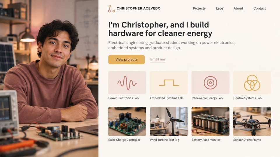 Engineering portfolio website design, clean energy electrical engineer with lab cards: cream page, a smiling man at a workbench down the left, a charcoal headline, a gold button, lab icon cards and project photos