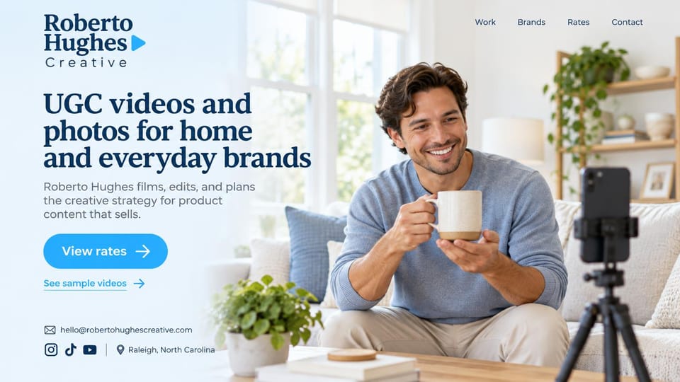 UGC portfolio website design, everyday products in a living room setting: pale blue and white page, navy serif headline, blue button, a smiling man on a sofa with a mug and a phone on a tripod