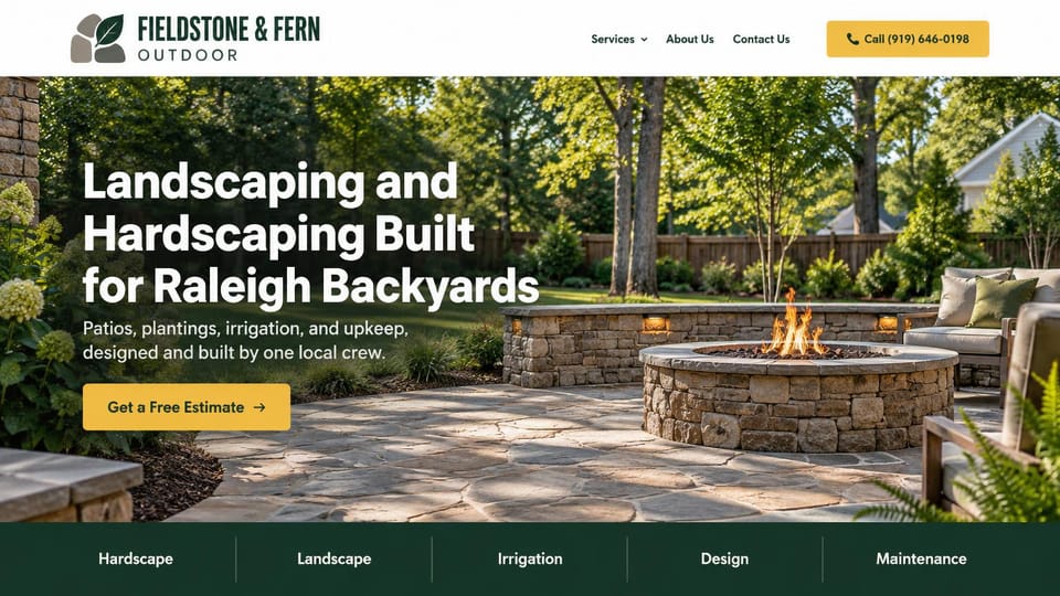 Contractor website design, hardscaping with services along the bottom: a stone fire pit and patio in a green yard, a white sans headline, a gold button and a dark green strip