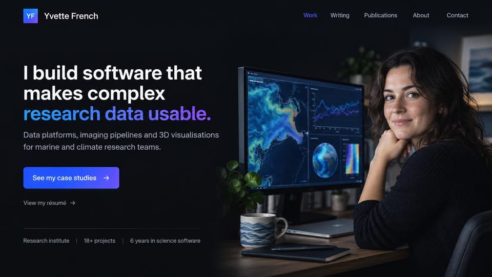 Personal website design, research software engineer with case studies: dark page, a large headline with a blue gradient phrase beside a woman at a desk with data visualizations