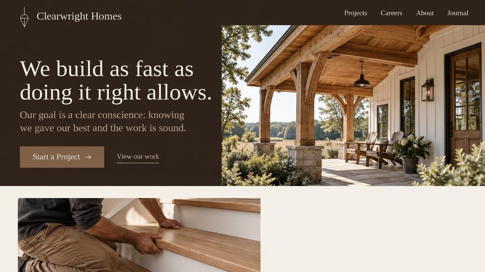 Construction website design, craftsman home builder with a timber porch: dark brown header and panel, a timber porch with rocking chairs on a white farmhouse, a cream serif headline, a tan button and a carpenter fitting a stair tread