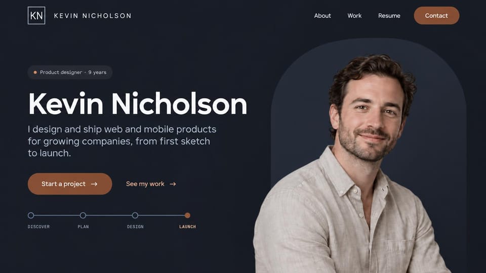 Portfolio website design, product designer with a process timeline: dark navy page, a large white name and rust start a project button beside a portrait, a four-step line below