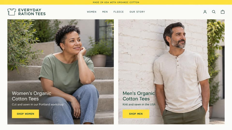 Fashion website design, american-made tees in two shop panels: yellow top bar, a tee outline logo, photo panels of a smiling woman in a sage tee on steps and a man in an oatmeal henley by a white brick wall, yellow buttons