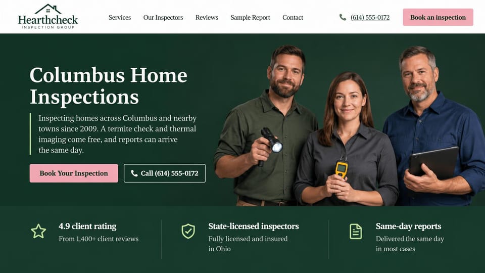 Home inspector website design, inspection team on deep green: deep green page, white serif headline, pink book and outlined call buttons, three smiling inspectors with a flashlight, a meter and a tablet