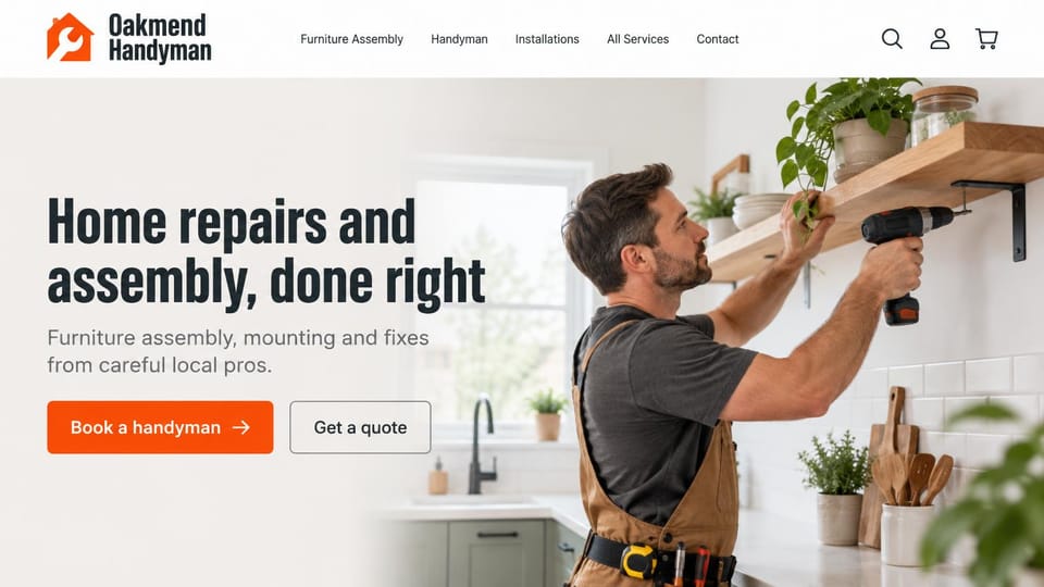 Handyman website design, furniture assembly and mounting in bright orange: white page, a tall condensed charcoal headline, an orange book button and an outlined quote button, a handyman drilling a floating kitchen shelf