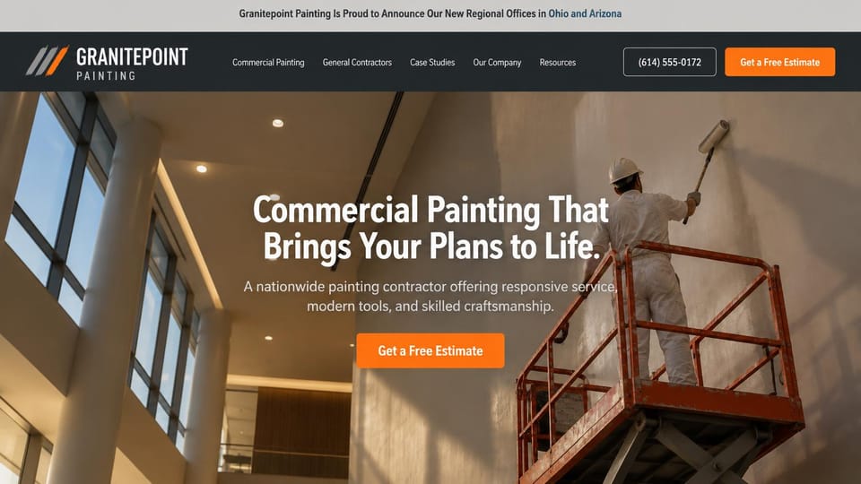 Painting website design, commercial interior painting with a news strip: light gray announcement strip and charcoal header over a warm photo of a painter in a hard hat rolling an atrium wall from an orange scissor lift, a centered white headline, orange estimate buttons