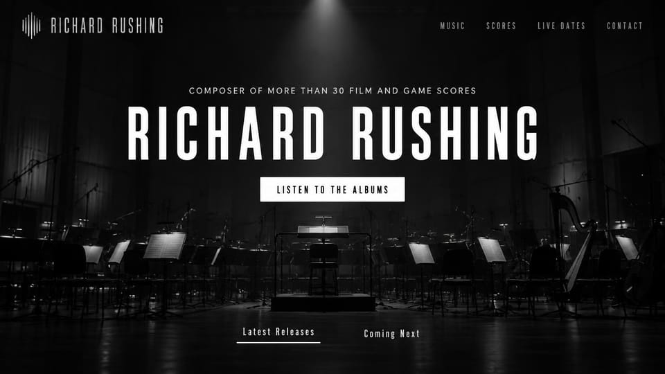 Musician website design, film and game composer with an orchestra: black and white orchestra in a recording studio, a tall condensed name and a white button