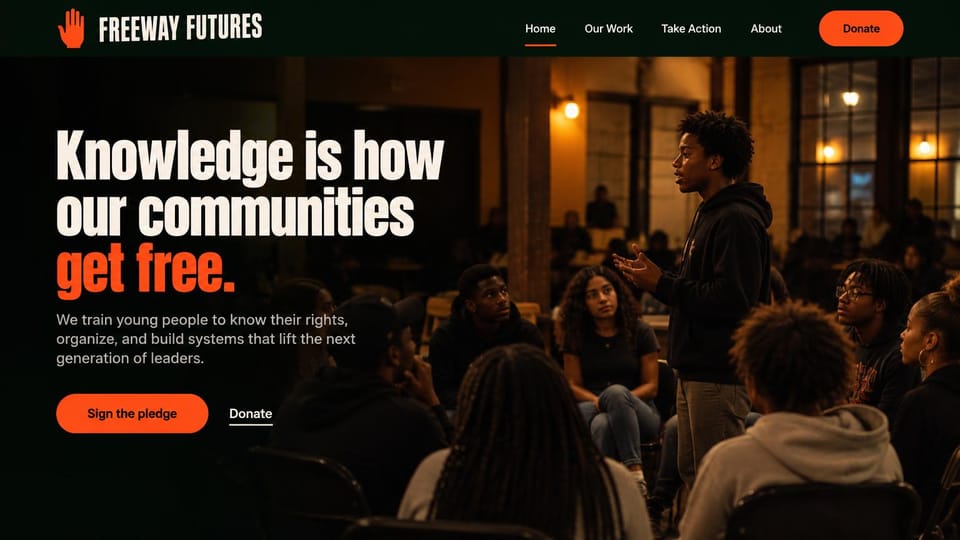 Nonprofit website design, youth organizing in bold condensed type: dark photo of young people in a meeting, white and orange condensed headline, orange pledge button
