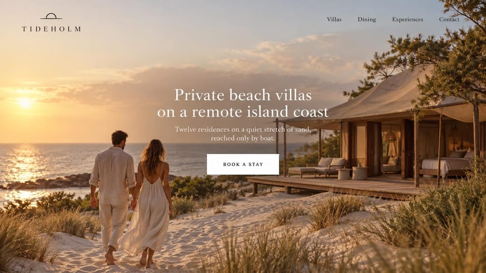 Business website design, island beach villas at sunset: golden sunset over the sea, a couple walking through dunes toward a canvas-roofed villa, centered white serif headline and a white button