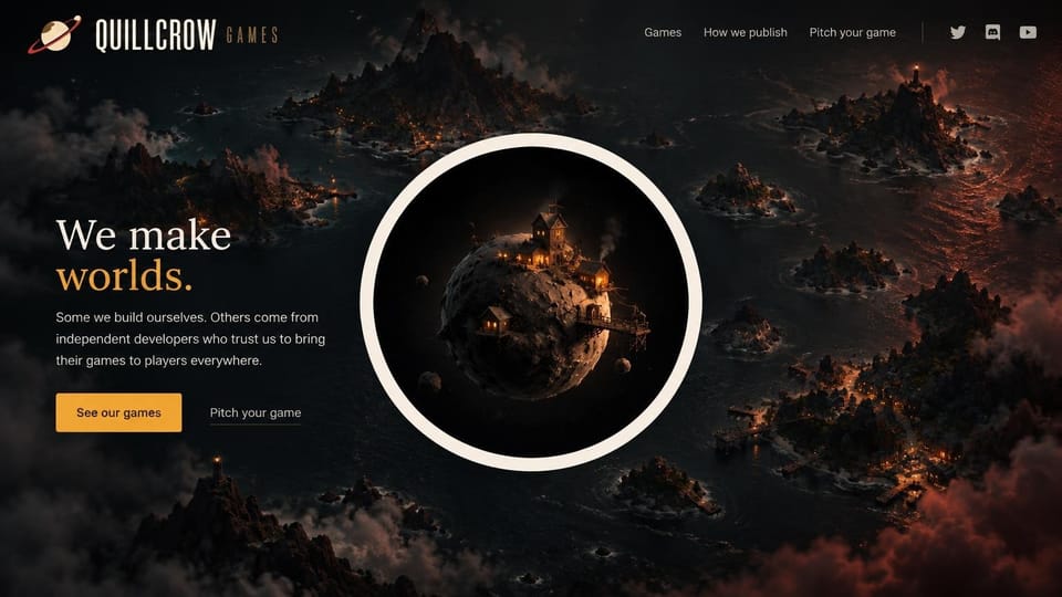 Gaming website design, studio and publisher with a tiny planet: dark aerial scene of glowing islands in a black sea, a cream-ringed circle with a lit cottage on a tiny planet, white and amber serif headline, an amber button and an underlined link