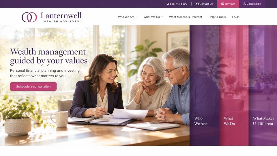Financial advisor website design, values-based investing in purple and pink: bright photo of an advisor with an older couple, plum serif headline, pink button and three translucent purple and pink panels
