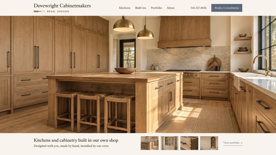 Carpentry website design, kitchen cabinetmaker with a portfolio strip: cream header, a full-width sunlit oak kitchen with brass pendants, a serif line and four project thumbnails below, a slate blue button