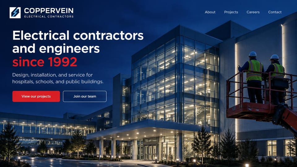 Electrician website design, hospitals and schools with a lit building at night: a glass hospital building lit at night with two workers in hi-vis vests on a boom lift, a white and red headline, a red projects button and an outlined careers button