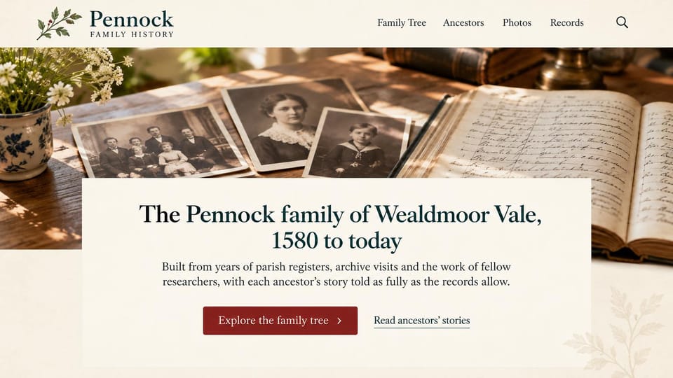 Genealogy website design, centuries of one family over a records table: cream page, a band photo of old portraits and an open register on a wooden table, a centered card with a dark green serif headline and a red tree button