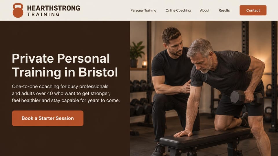 Personal trainer website design, private training for professionals over 40 in brown and rust: cream menu bar, a dark brown panel with a large white headline and a rust starter session button, a warm gym photo of a coach watching a gray-haired man do a one-arm dumbbell row on a bench