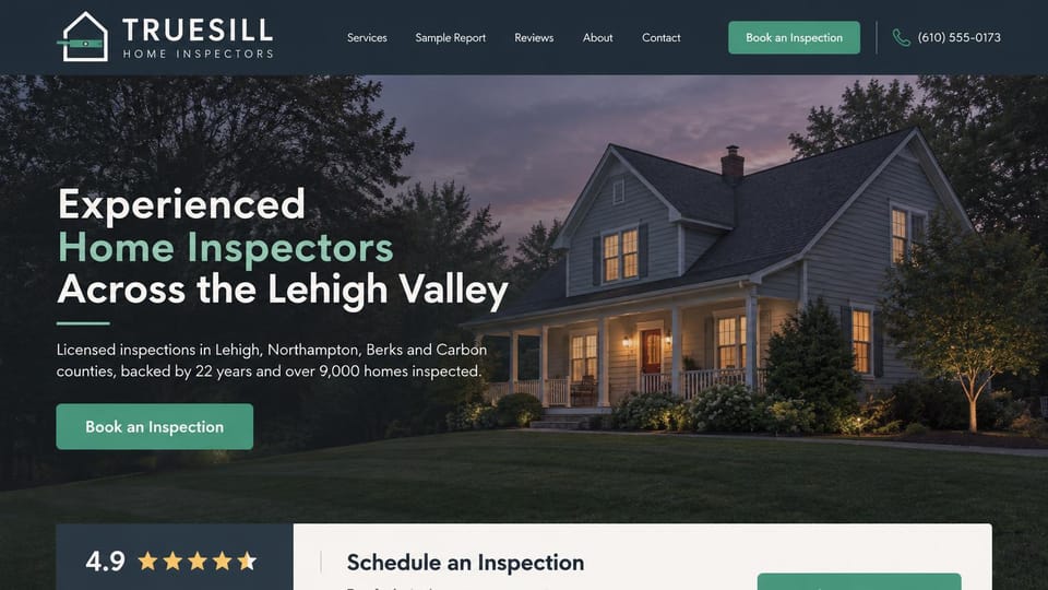 Home inspector website design, regional inspectors with a booking bar: dark slate overlay on a gray farmhouse at twilight, white and mint headline, a green book button, a star rating and scheduling bar