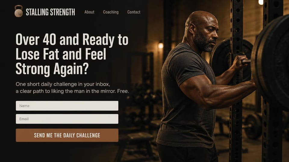 Personal trainer website design, fat loss for men over 40 with a daily email challenge: dark warm gym, a large cream condensed headline, name and email fields, a copper challenge button, a bald, bearded man gripping a loaded barbell in a rack