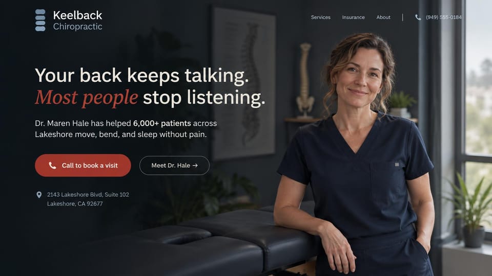 Chiropractor website design, solo chiropractor, dark and personal: dark charcoal room, a chiropractor leaning on an adjusting table, white headline with a red italic line