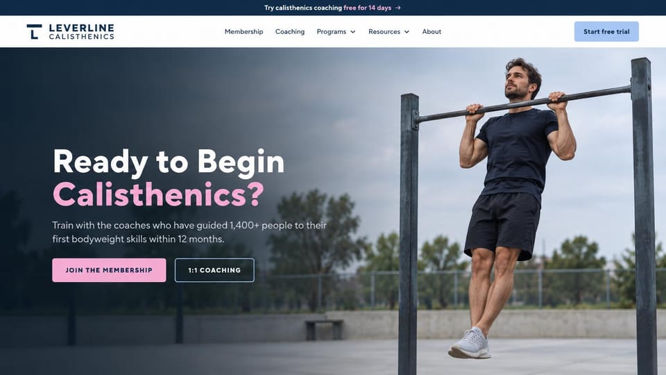 Personal trainer website design, calisthenics coaching with a free trial bar: navy free trial bar, a white menu bar, an outdoor photo of a man doing a pull-up on a steel bar, a white and pink headline, a pink membership button and an outlined coaching button