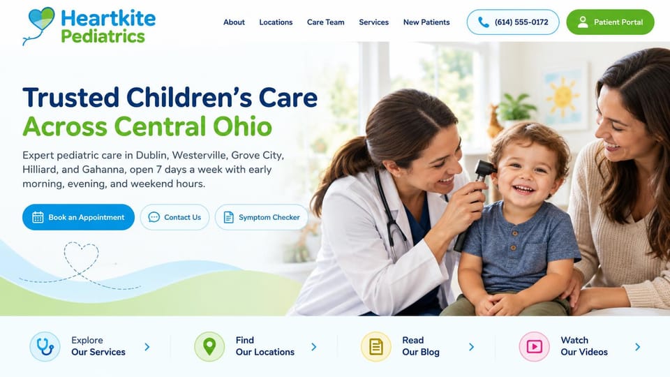 Medical practice website design, pediatrics with a symptom checker button: white and sky blue, a navy and green headline with three pill buttons beside a doctor checking a laughing toddler's ear, icon links below
