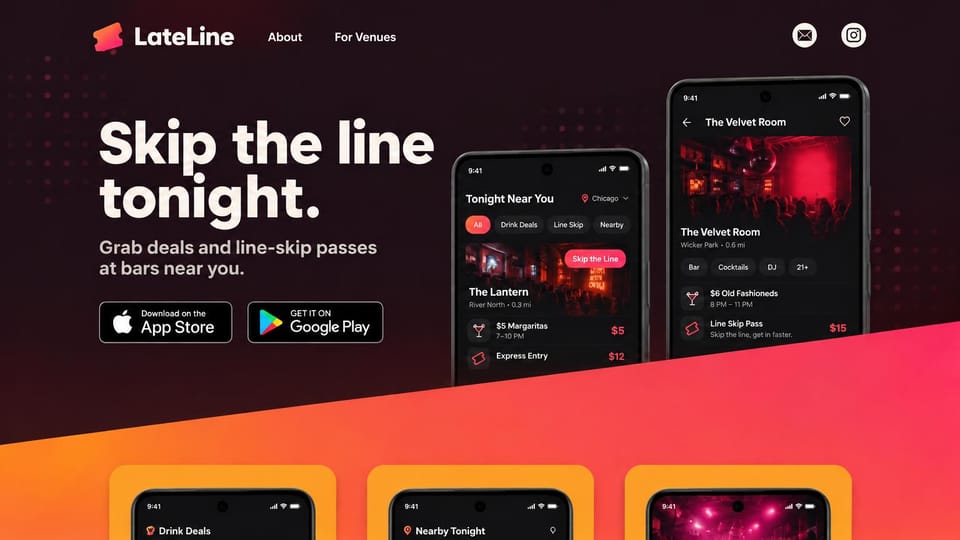 Mobile app website design, nightlife app with a hot pink angle: dark red page, bold white headline, store badges, two phones and a pink angled band