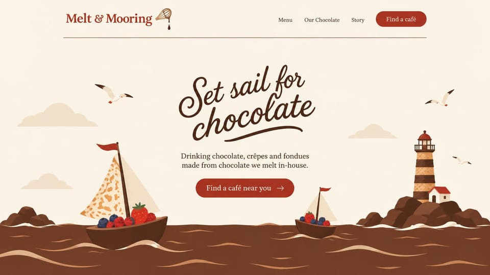 Cafe website design, chocolate cafe in a storybook seascape: cream page, a brown script headline above an illustrated chocolate sea with fruit boats and a lighthouse