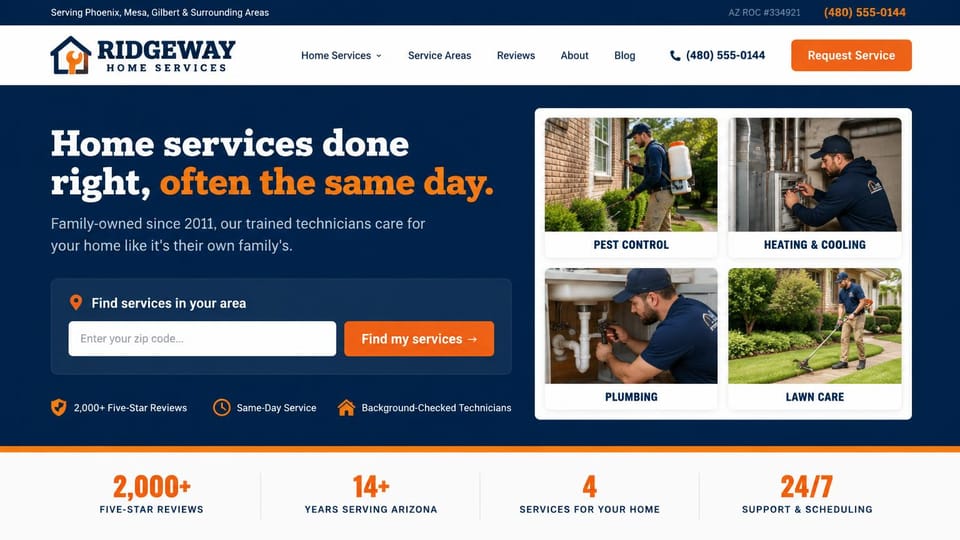 Contractor website design, multi-service company with a ZIP code finder: navy hero with a white and orange slab headline, a ZIP code box and four service photo tiles