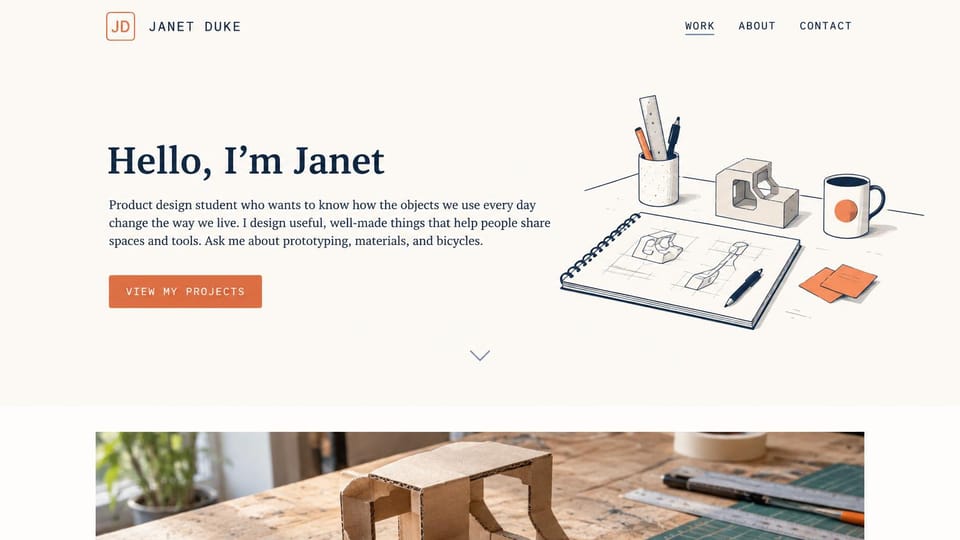 Student portfolio website design, industrial design student with a hand-drawn desk: cream page, a navy serif hello, an orange projects button, a line drawing of a desk with a sketchbook and a cardboard model, and a workshop photo