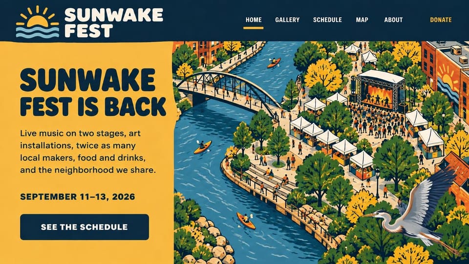 Event website design, neighborhood arts festival with an aerial map: yellow panel with a navy headline beside an illustrated aerial view of a riverside festival with a stage, tents and kayaks