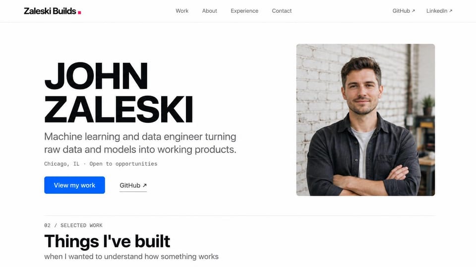 Personal website design, open to work, with things you've built: white page, a bold black name and blue button beside a portrait of a man in front of a brick wall