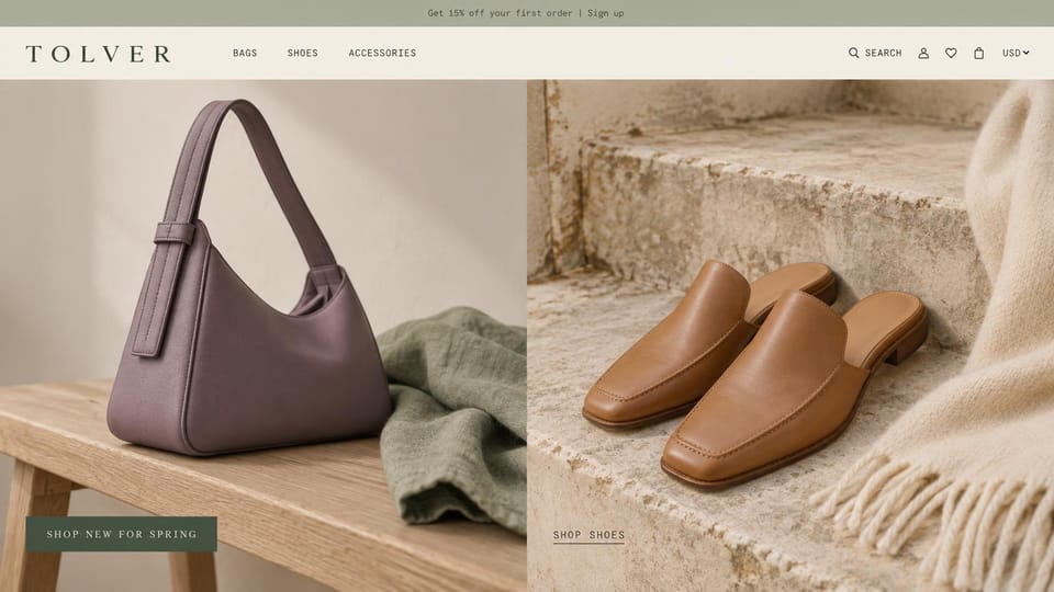Fashion website design, bags and mules in two still lifes: cream header, side-by-side still lifes of a mauve leather shoulder bag on a wooden bench and tan leather mules on stone steps, small caps labels