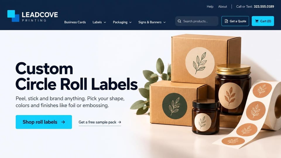 Printing website design, roll labels and packaging with a sample pack: navy header with a cyan cart button, pale hero with a heavy black headline, kraft boxes, amber jars and a roll of round leaf labels