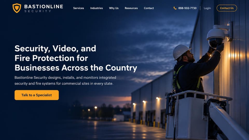 Security company website design, cCTV and fire systems with an installer on a lift: dark navy dusk photo of a technician in a hard hat mounting a dome camera from a lift beside a warehouse, a white headline and a gold button