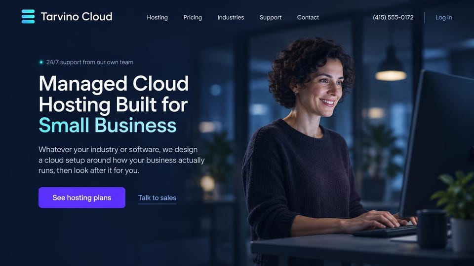 Web hosting website design, managed cloud for small business, after hours: deep navy page over a dim office photo of a smiling woman typing at a monitor, white headline ending in cyan, a violet plans button and an underlined sales link