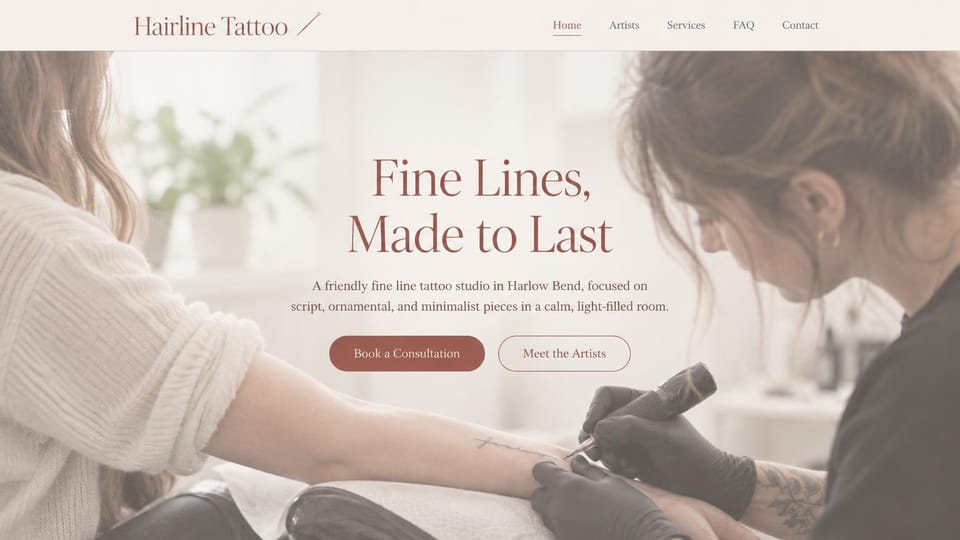 One page website design, tattoo studio, light and gentle: soft pink and white photo of a tattoo artist working on an arm, rose serif headline, rose and outlined buttons