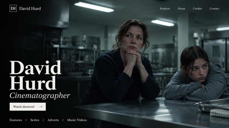 Resume website design, cinematographer with a film still and credits: dark kitchen film still of a woman and a girl at a steel counter, large cream serif name, white showreel button