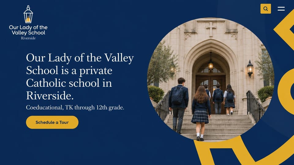 School website design, catholic school in navy and gold: navy with gold arcs, a serif headline beside a circular photo of uniformed students climbing stone steps