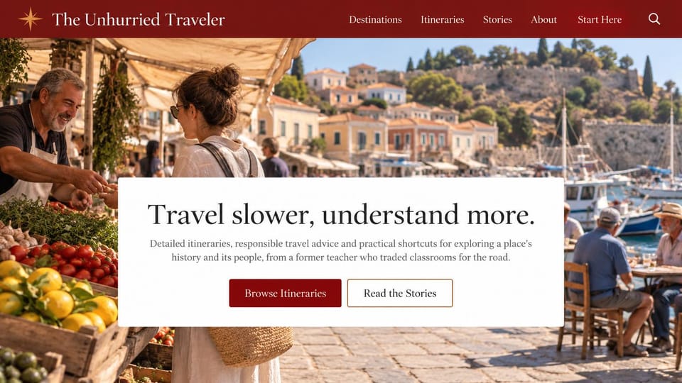 Blog website design, slow travel guides with itineraries: deep red navigation, a Mediterranean harbor market and a white panel with a serif headline and two buttons