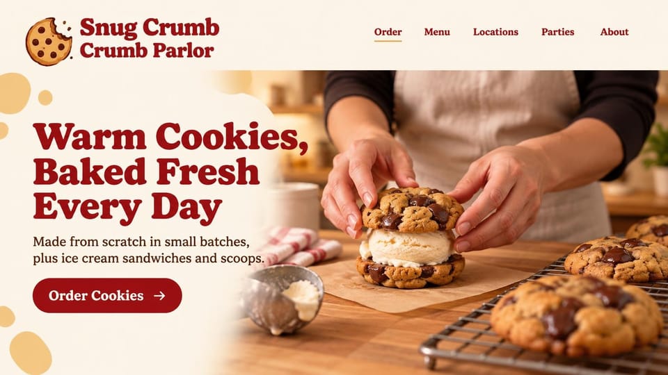 Bakery website design, cookie shop with ice cream sandwiches: cream page, a cookie logo, a heavy deep red serif headline, a red order pill and hands pressing ice cream between two chocolate chip cookies